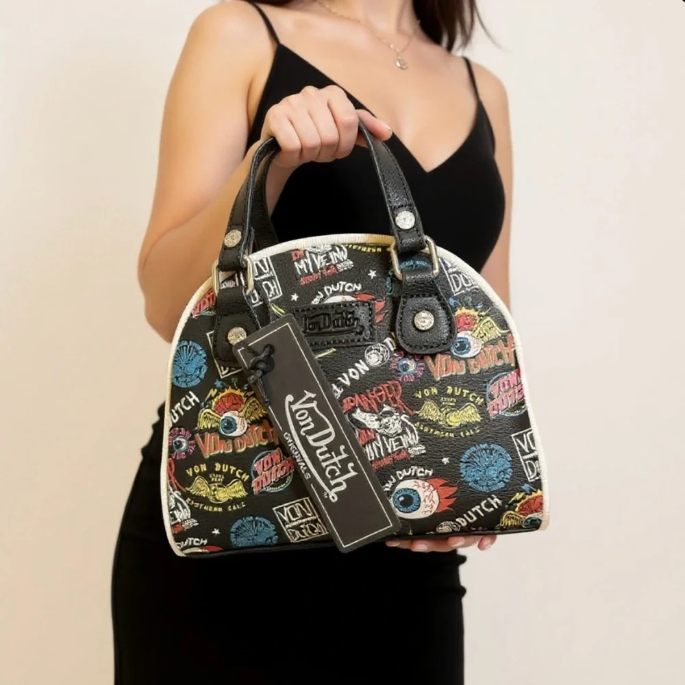 Von Dutch Black Satchel with Colorful Graphics Bowling bag - Picture 1 of 4